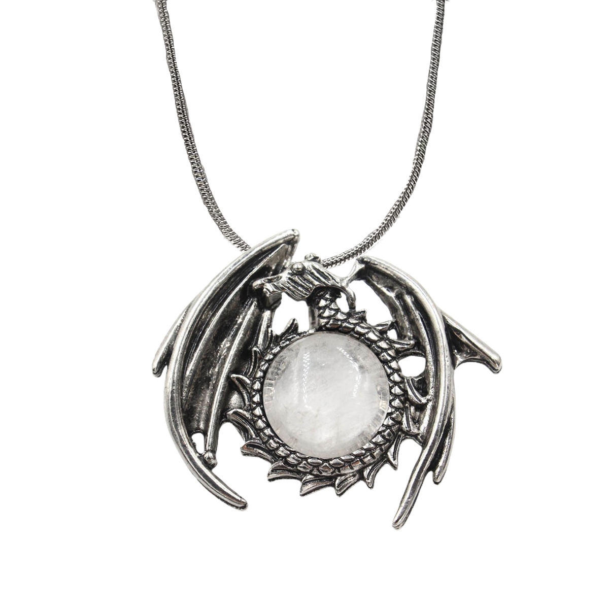 1 Pc Crystal Healing Stone Vintage Dragon Necklace Silver Round Snake Chain Gemstone Jewelry for Men Women