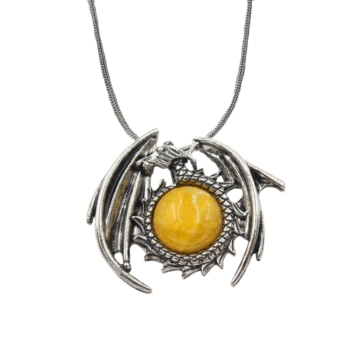 1 Pc Crystal Healing Stone Vintage Dragon Necklace Silver Round Snake Chain Gemstone Jewelry for Men Women