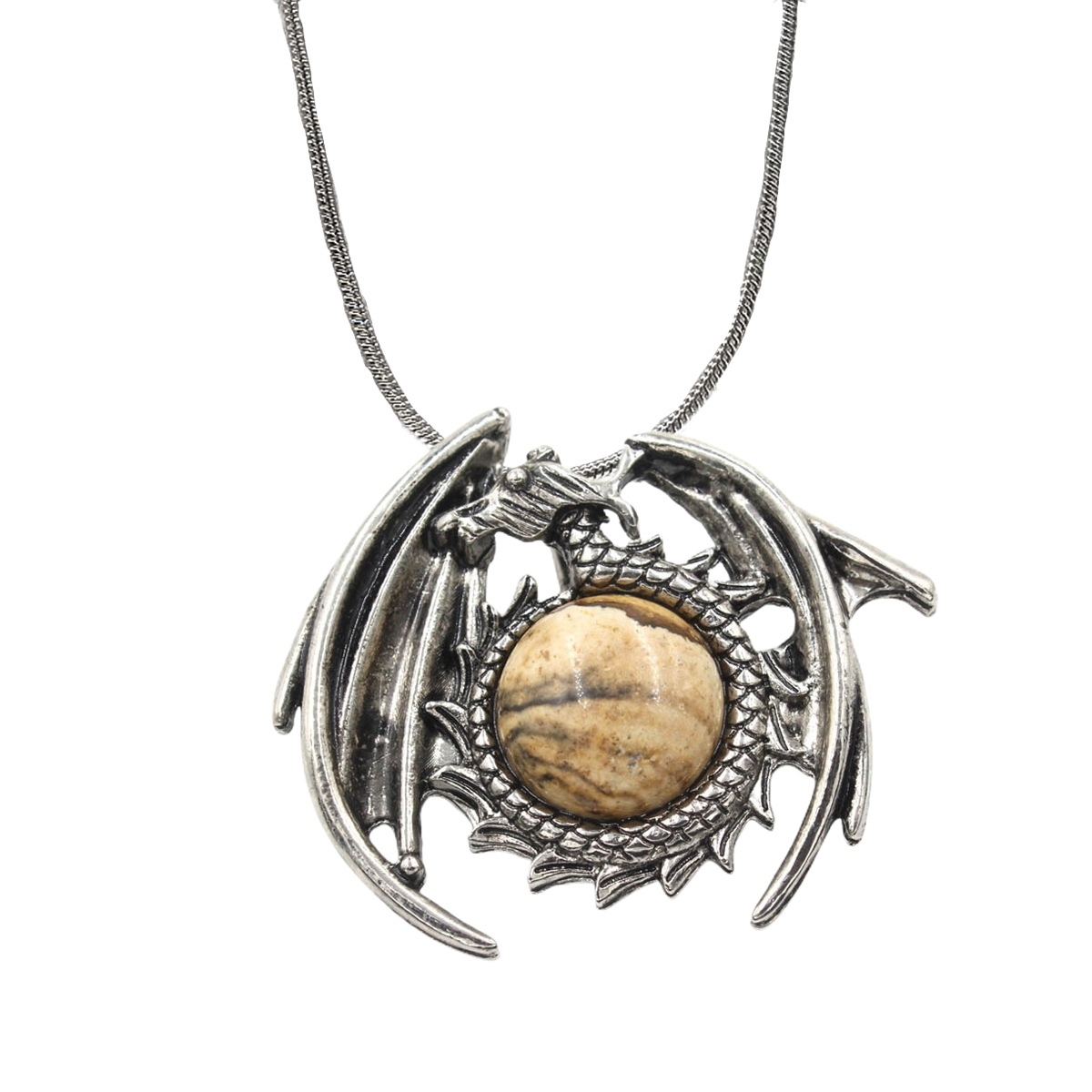 1 Pc Crystal Healing Stone Vintage Dragon Necklace Silver Round Snake Chain Gemstone Jewelry for Men Women