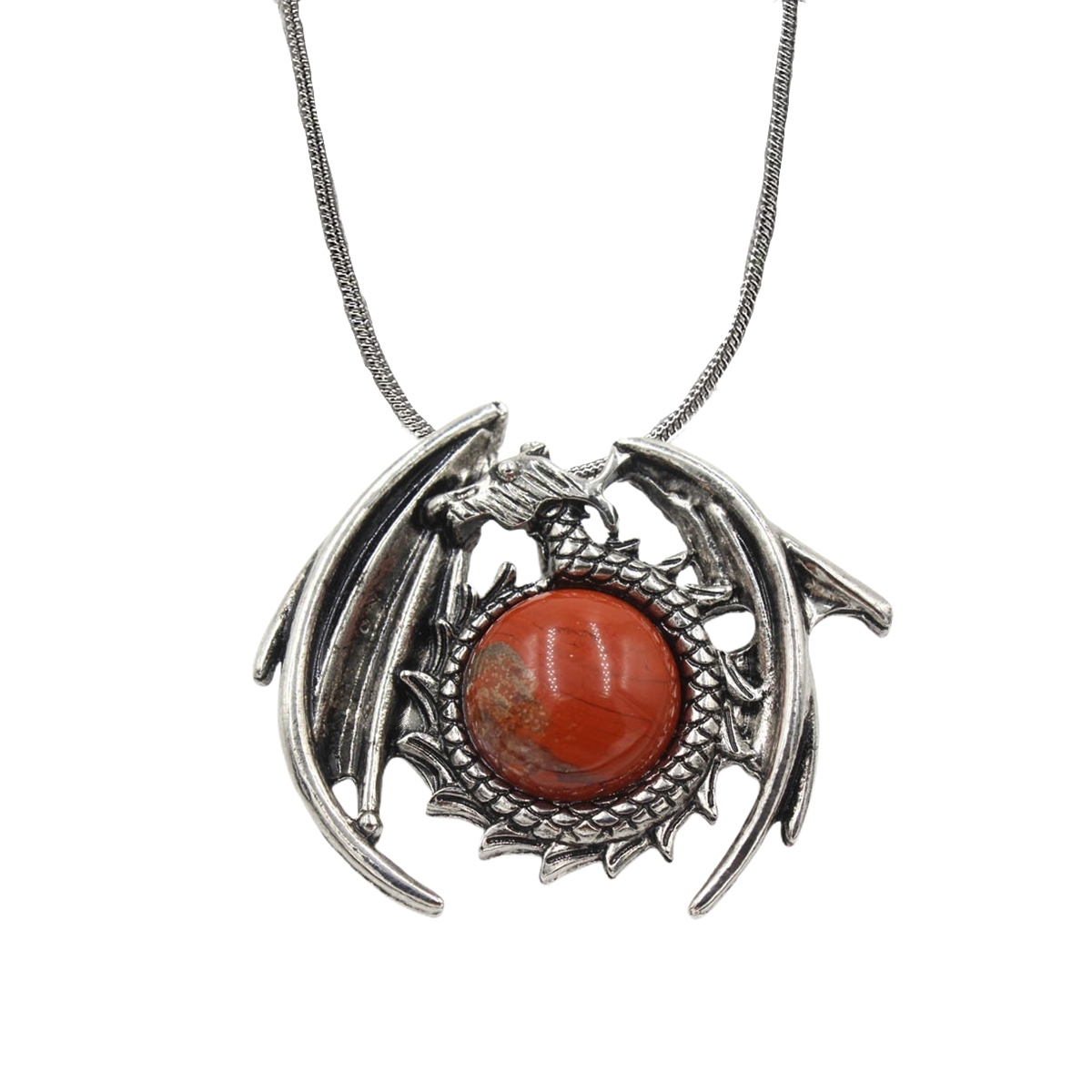 1 Pc Crystal Healing Stone Vintage Dragon Necklace Silver Round Snake Chain Gemstone Jewelry for Men Women