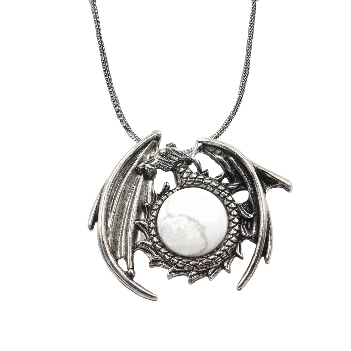 1 Pc Crystal Healing Stone Vintage Dragon Necklace Silver Round Snake Chain Gemstone Jewelry for Men Women