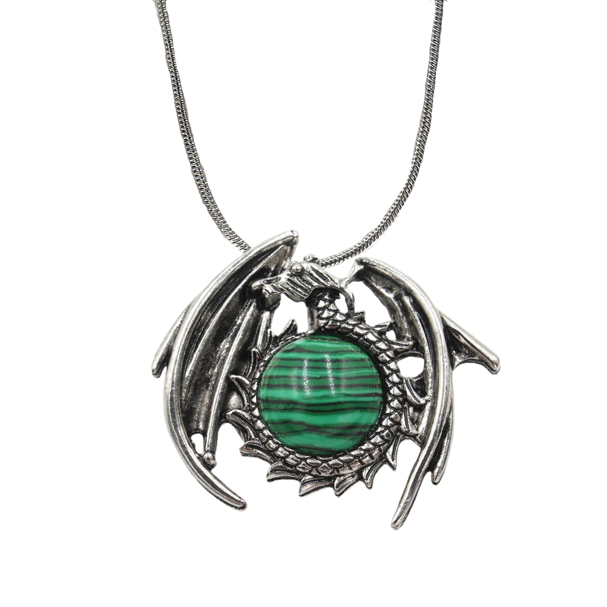 1 Pc Crystal Healing Stone Vintage Dragon Necklace Silver Round Snake Chain Gemstone Jewelry for Men Women