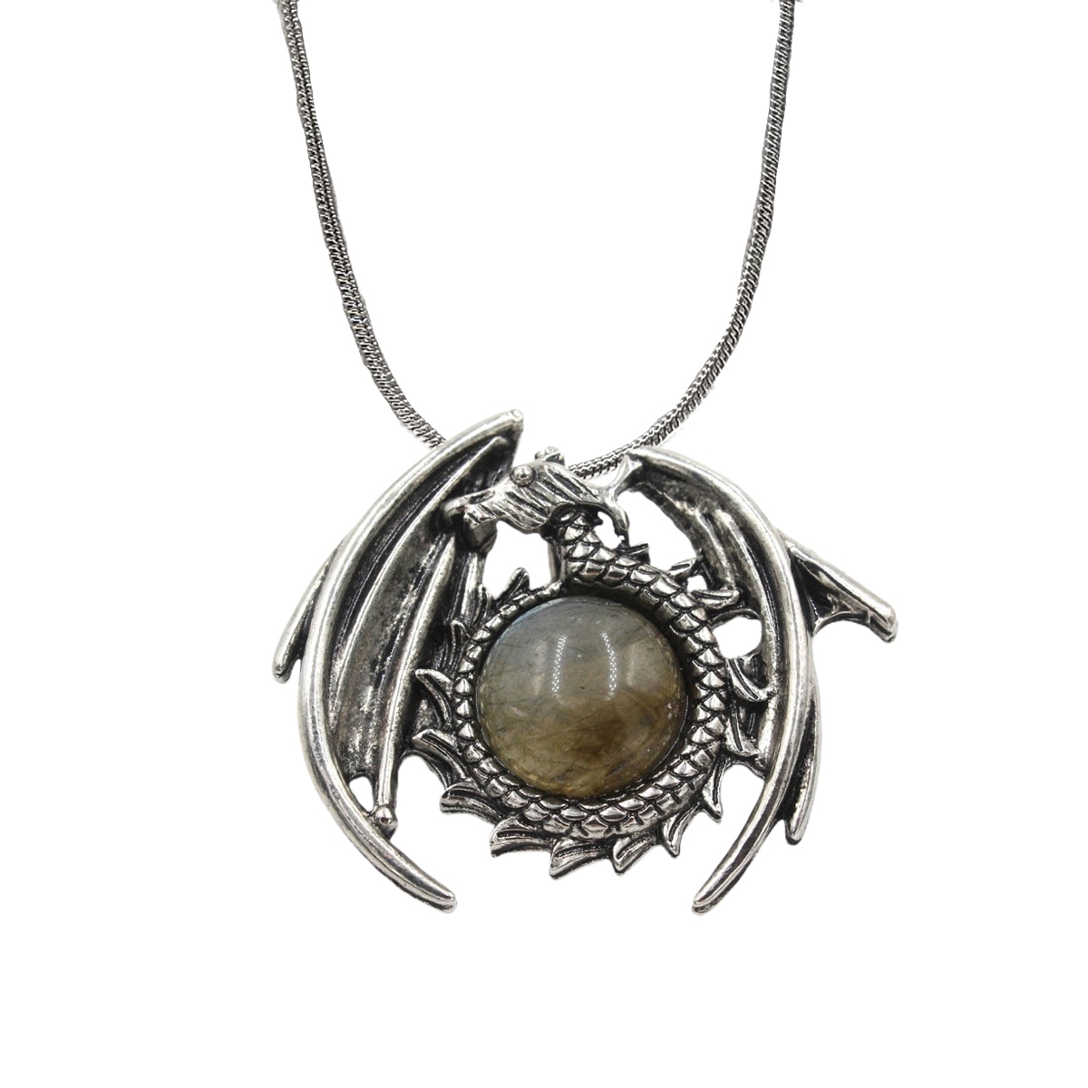 1 Pc Crystal Healing Stone Vintage Dragon Necklace Silver Round Snake Chain Gemstone Jewelry for Men Women