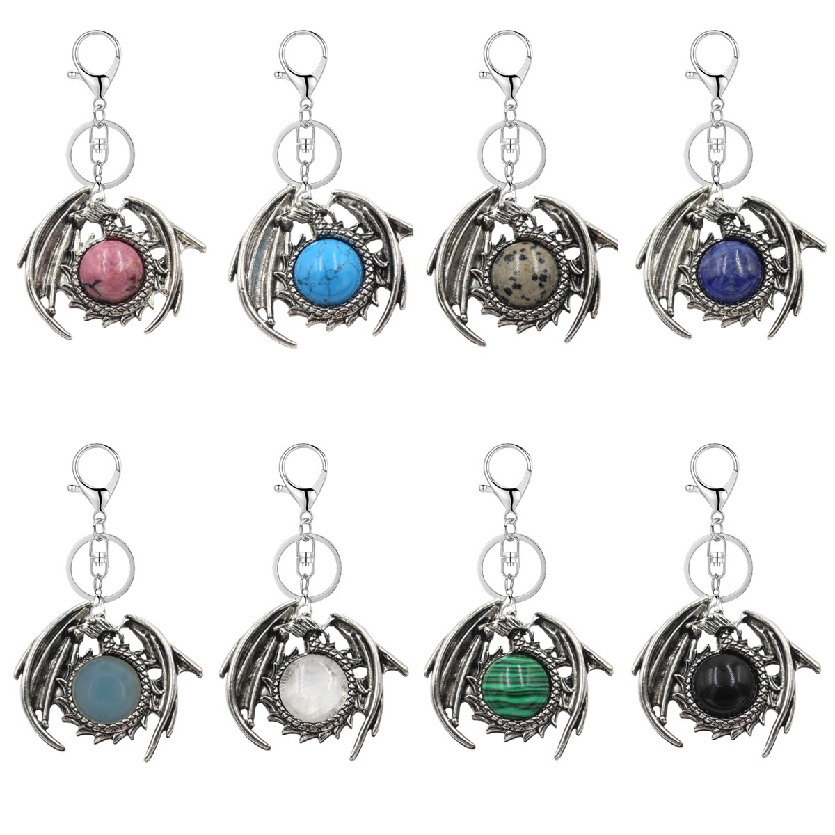 1 Pc Vintage Dragon Natural Gemstone Pendant Keychain Charm Crystal Keyring for Men Women