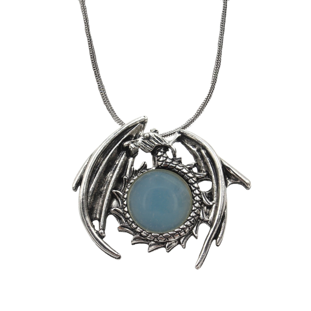 1 Pc Crystal Healing Stone Vintage Dragon Necklace Silver Round Snake Chain Gemstone Jewelry for Men Women
