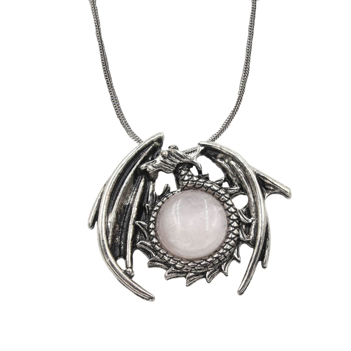 1 Pc Crystal Healing Stone Vintage Dragon Necklace Silver Round Snake Chain Gemstone Jewelry for Men Women