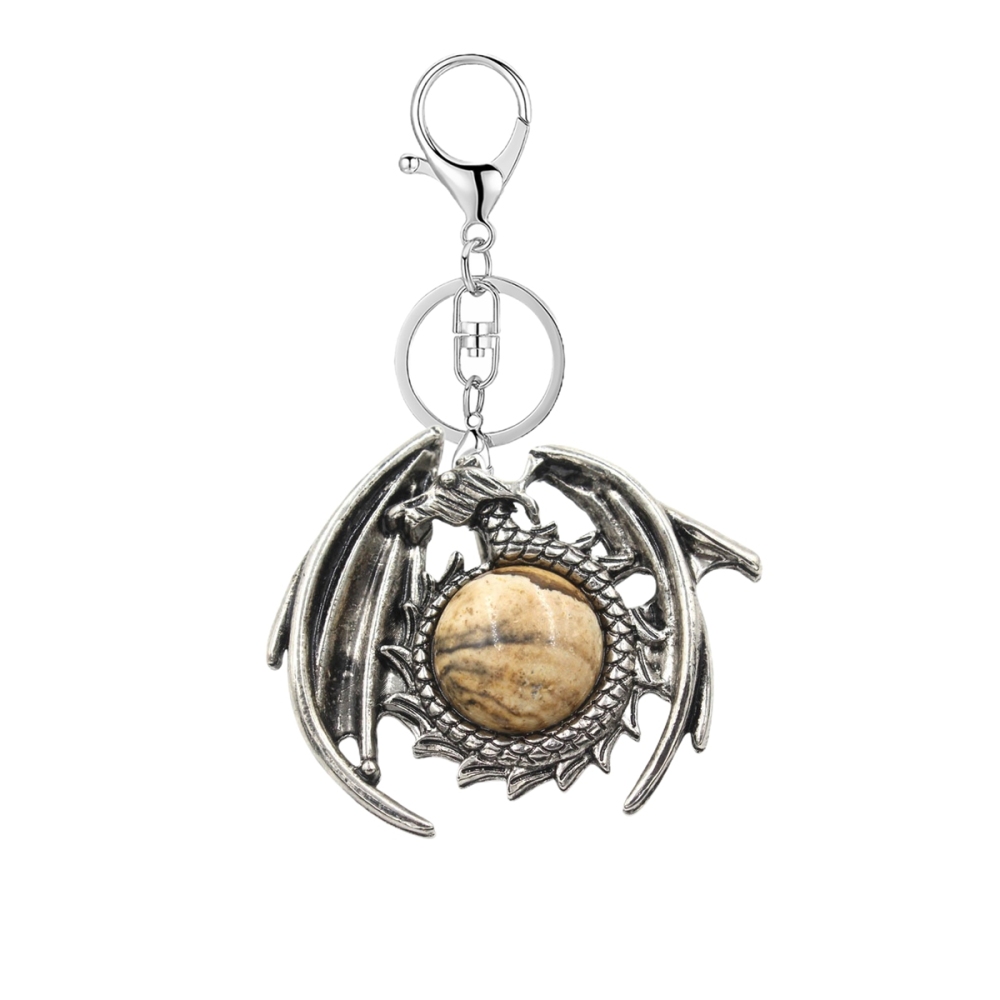 1 Pc Vintage Dragon Natural Gemstone Pendant Keychain Charm Crystal Keyring for Men Women