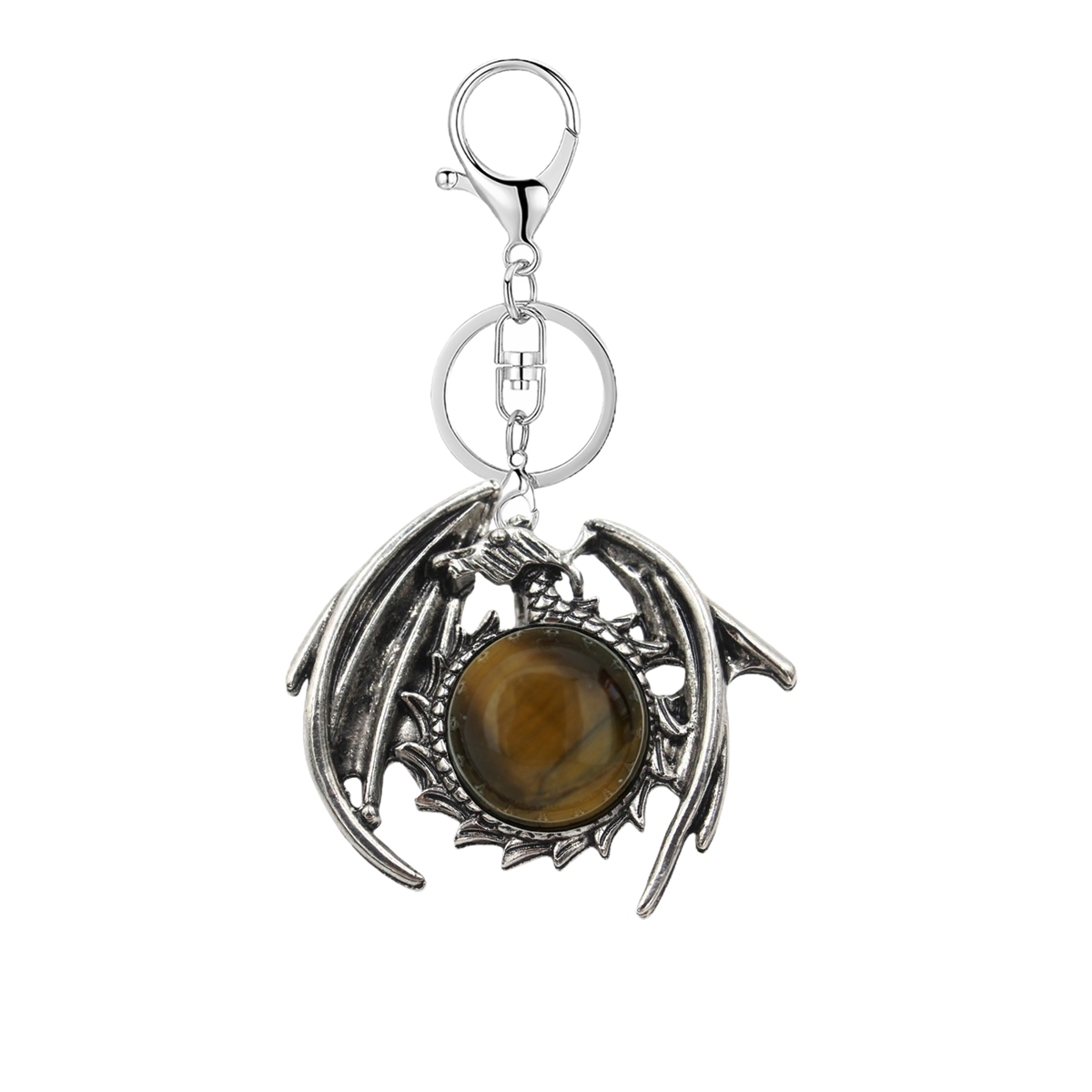 1 Pc Vintage Dragon Natural Gemstone Pendant Keychain Charm Crystal Keyring for Men Women