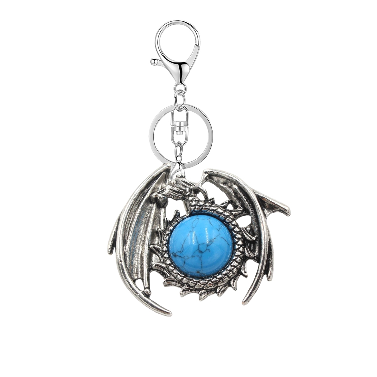 1 Pc Vintage Dragon Natural Gemstone Pendant Keychain Charm Crystal Keyring for Men Women
