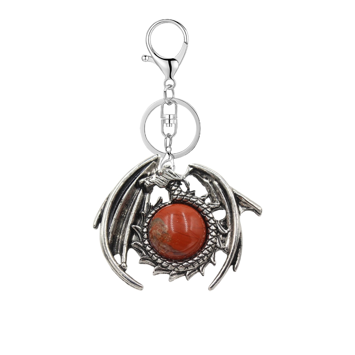 1 Pc Vintage Dragon Natural Gemstone Pendant Keychain Charm Crystal Keyring for Men Women