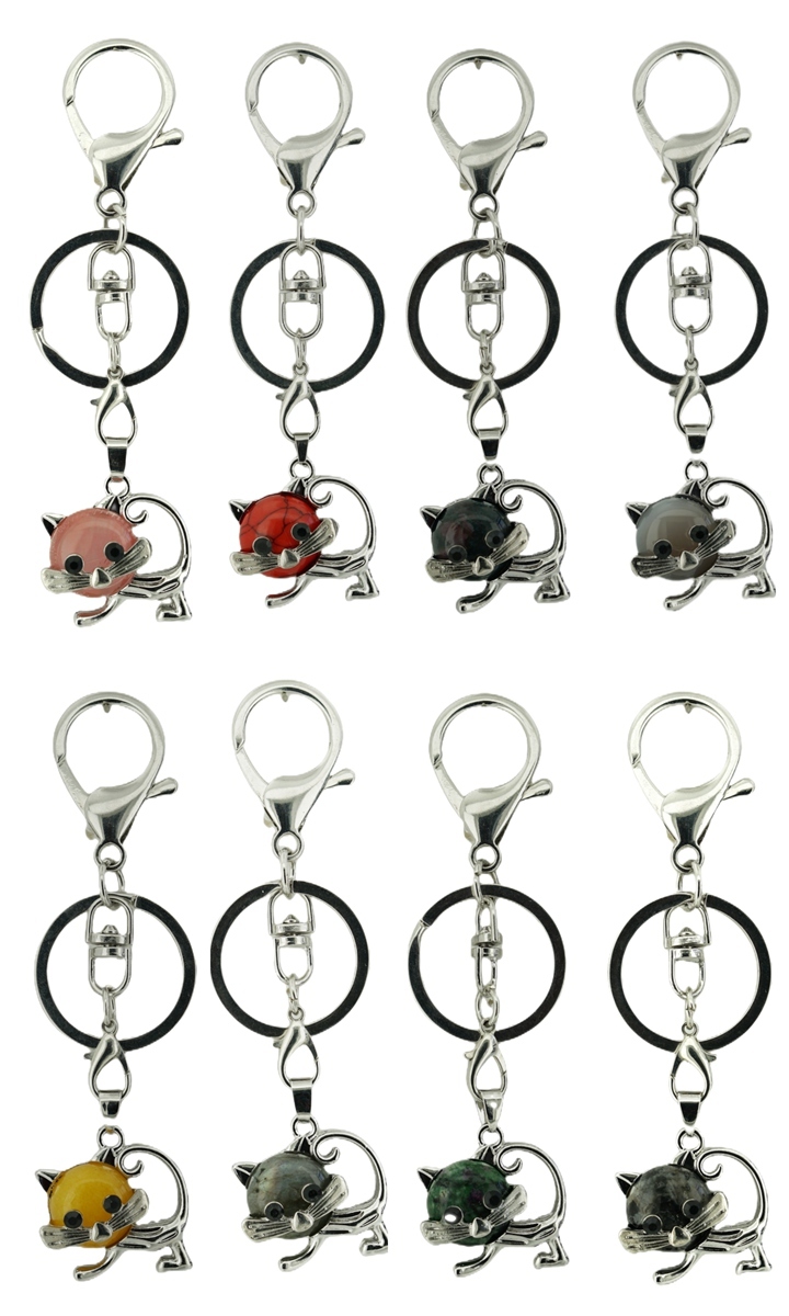 Lovely Simple Cat Natural Crystal Gemstone Keychain Stone Chakra Keyring