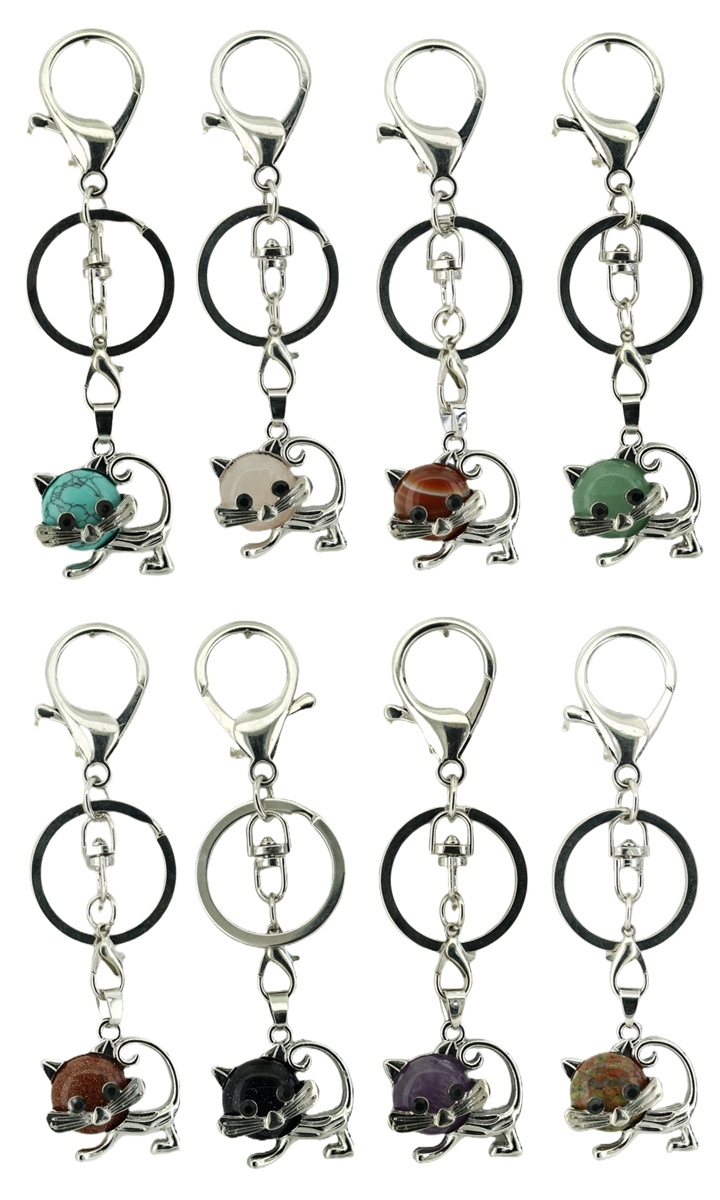 Lovely Simple Cat Natural Crystal Gemstone Keychain Stone Chakra Keyring