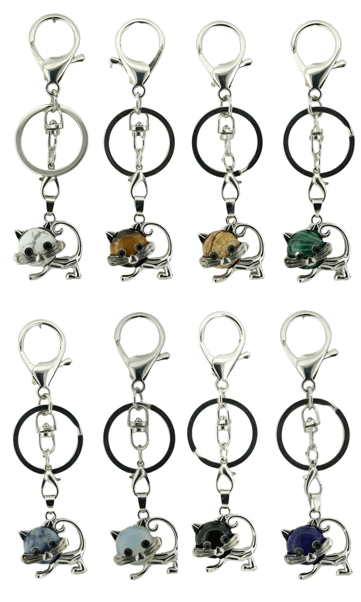 Lovely Simple Cat Natural Crystal Gemstone Keychain Stone Chakra Keyring