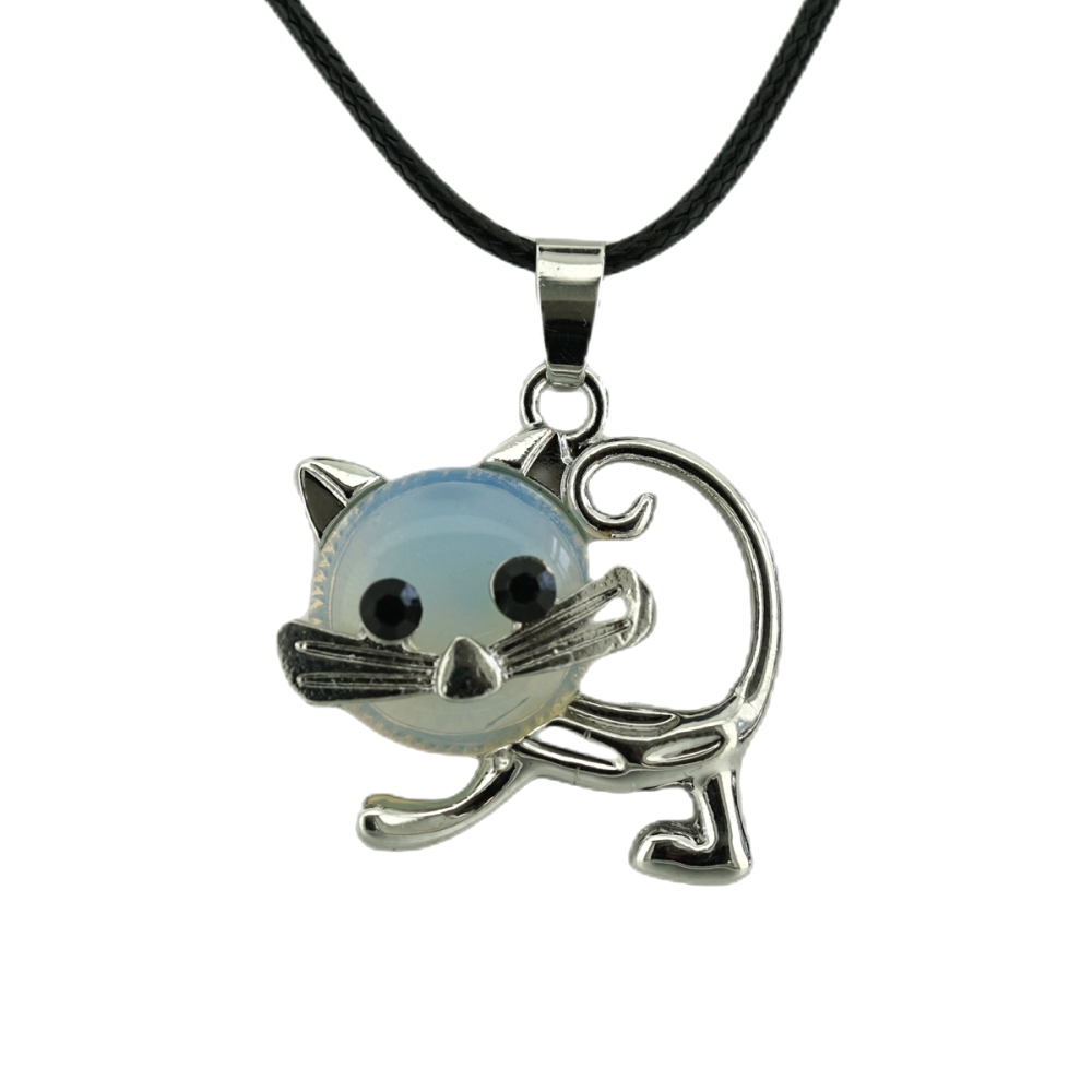 Lovely Simple Cat Crystal Gemstone Pendant Necklace Chakra Stone Jewelry for Women Girls