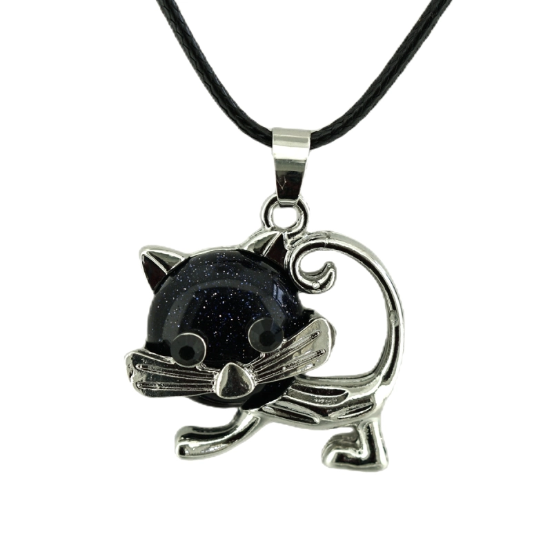 Lovely Simple Cat Crystal Gemstone Pendant Necklace Chakra Stone Jewelry for Women Girls
