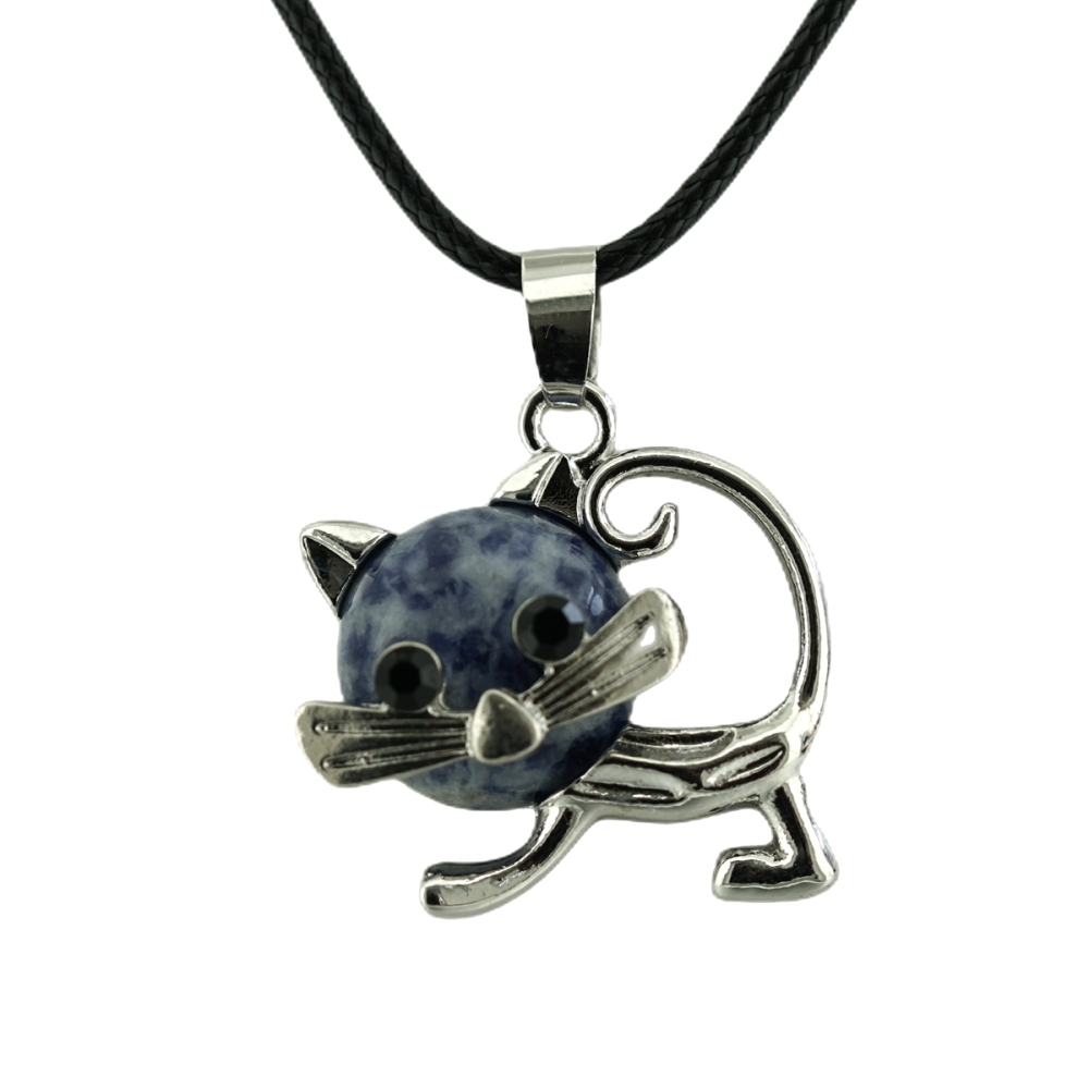 Lovely Simple Cat Crystal Gemstone Pendant Necklace Chakra Stone Jewelry for Women Girls