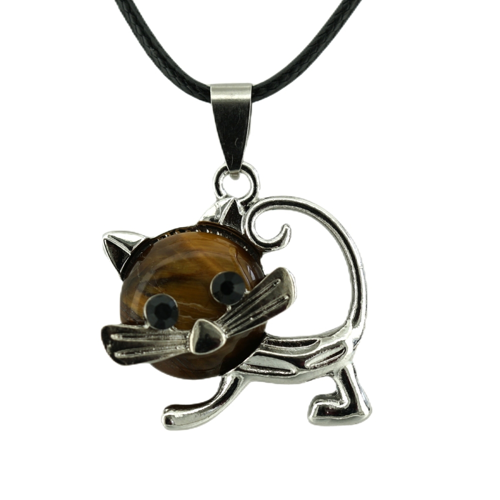 Lovely Simple Cat Crystal Gemstone Pendant Necklace Chakra Stone Jewelry for Women Girls