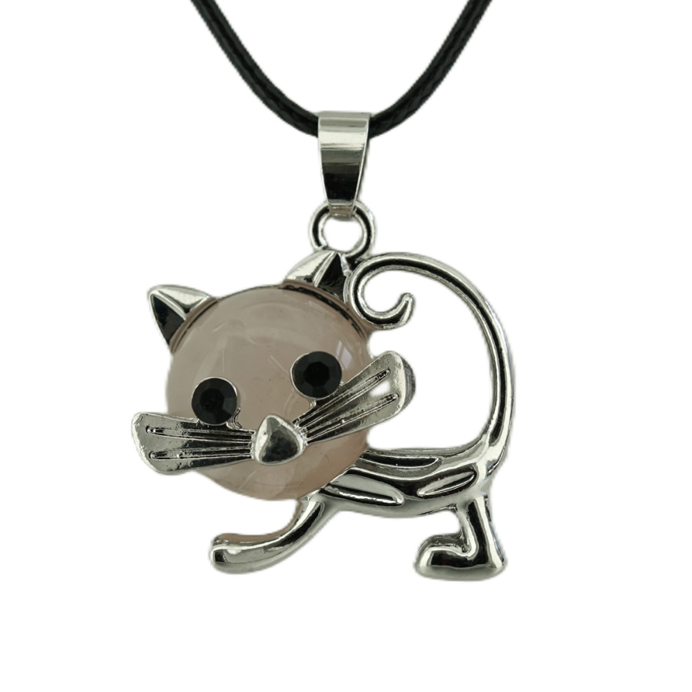 Lovely Simple Cat Crystal Gemstone Pendant Necklace Chakra Stone Jewelry for Women Girls