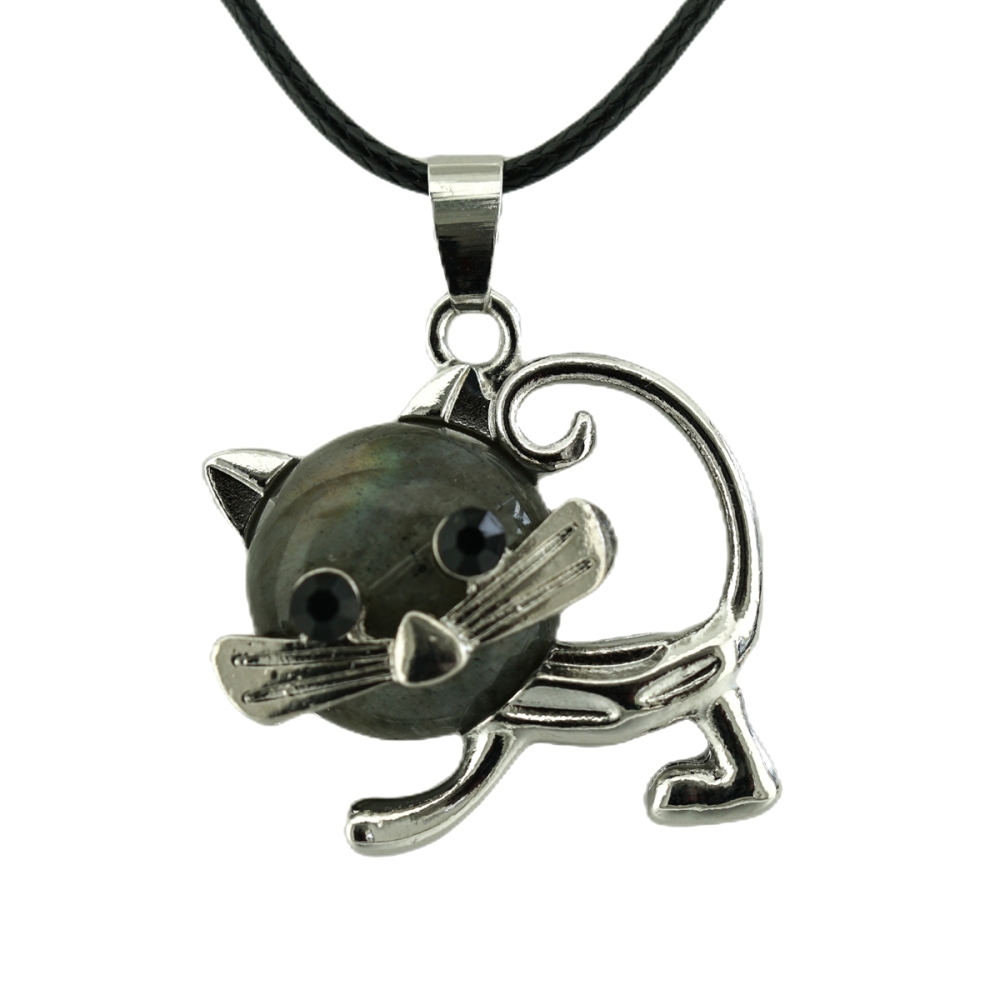 Lovely Simple Cat Crystal Gemstone Pendant Necklace Chakra Stone Jewelry for Women Girls