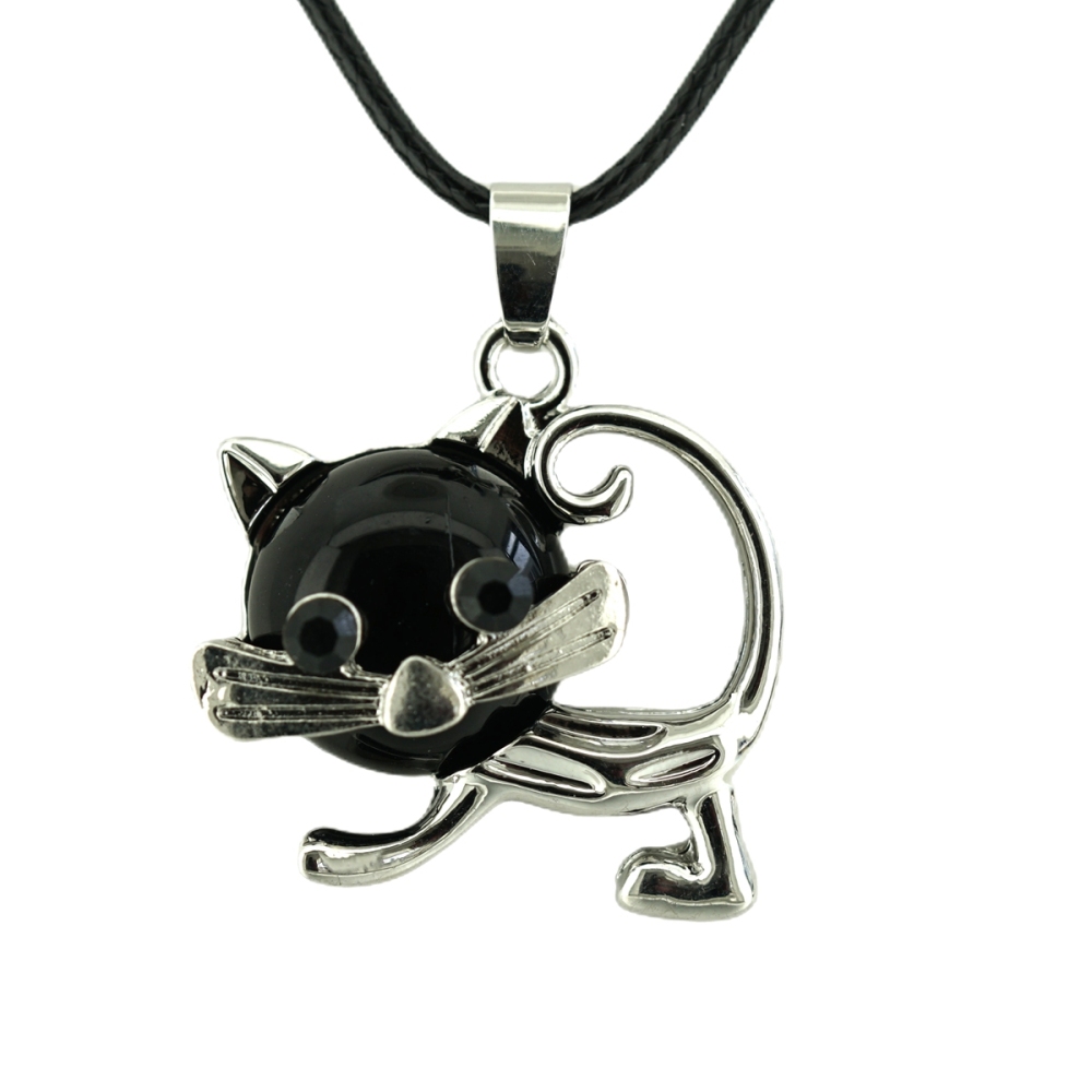Lovely Simple Cat Crystal Gemstone Pendant Necklace Chakra Stone Jewelry for Women Girls