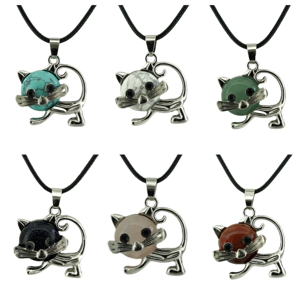 Lovely Simple Cat Crystal Gemstone Pendant Necklace Chakra Stone Jewelry for Women Girls