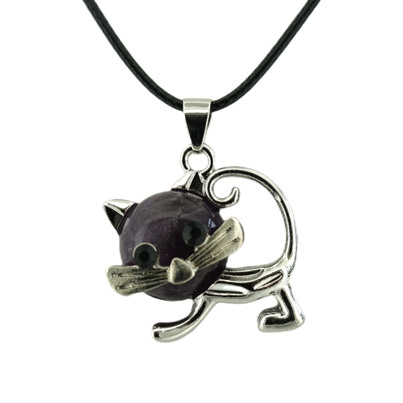 Lovely Simple Cat Crystal Gemstone Pendant Necklace Chakra Stone Jewelry for Women Girls