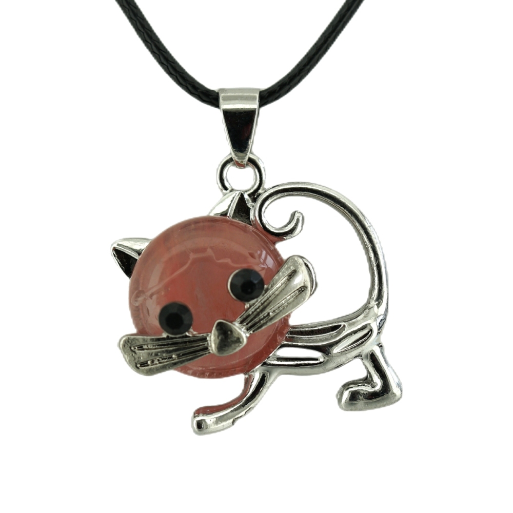 Lovely Simple Cat Crystal Gemstone Pendant Necklace Chakra Stone Jewelry for Women Girls