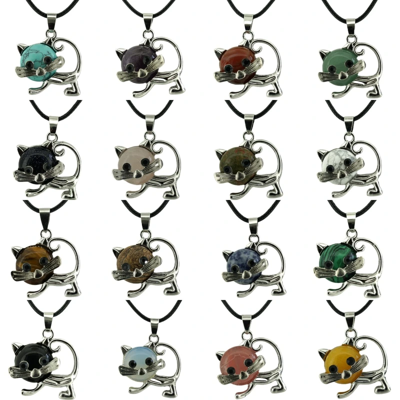 Lovely Simple Cat Crystal Gemstone Pendant Necklace Chakra Stone Jewelry for Women Girls