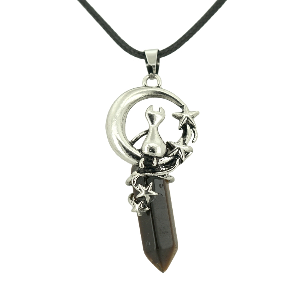 1 Pc Cute Lucky Moon Cat Hexagon Healing Crystal Pendant Necklace Crescent Moon and Star Gemstone Jewelry for Women Girls