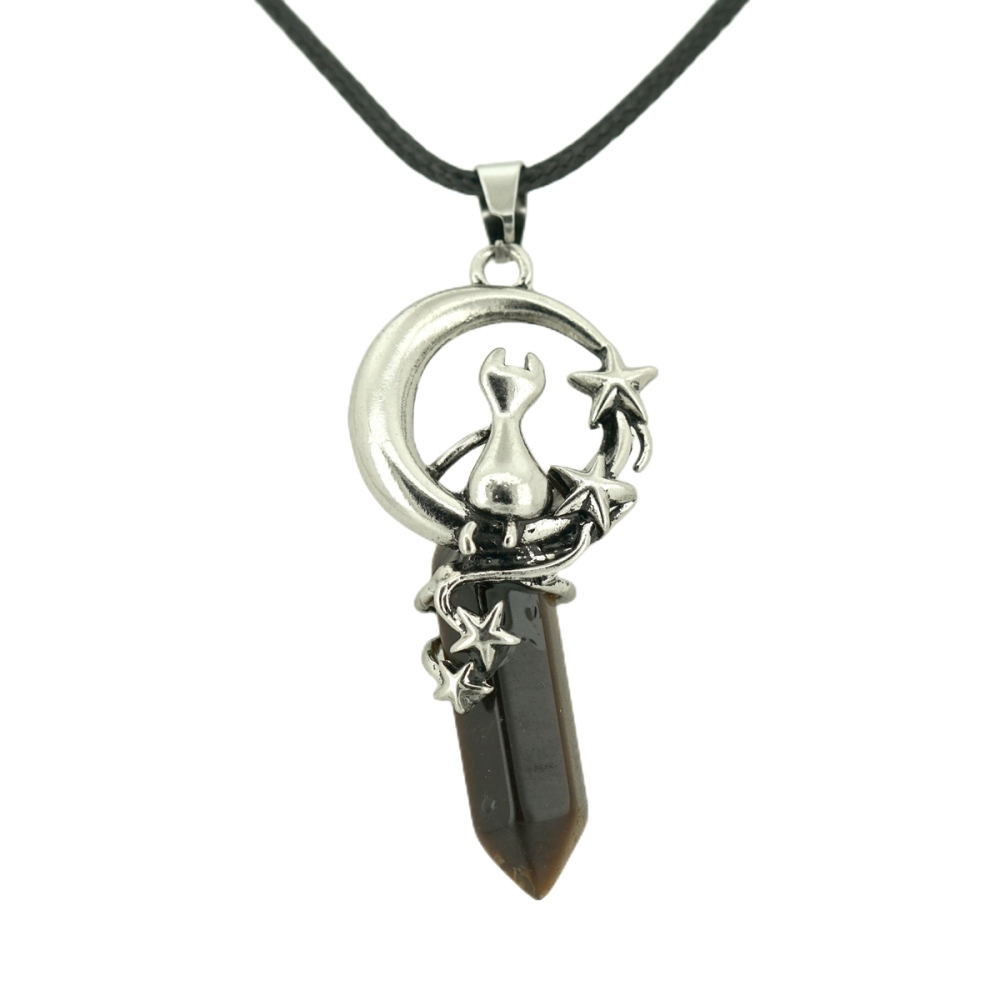 1 Pc Cute Lucky Moon Cat Hexagon Healing Crystal Pendant Necklace Crescent Moon and Star Gemstone Jewelry for Women Girls