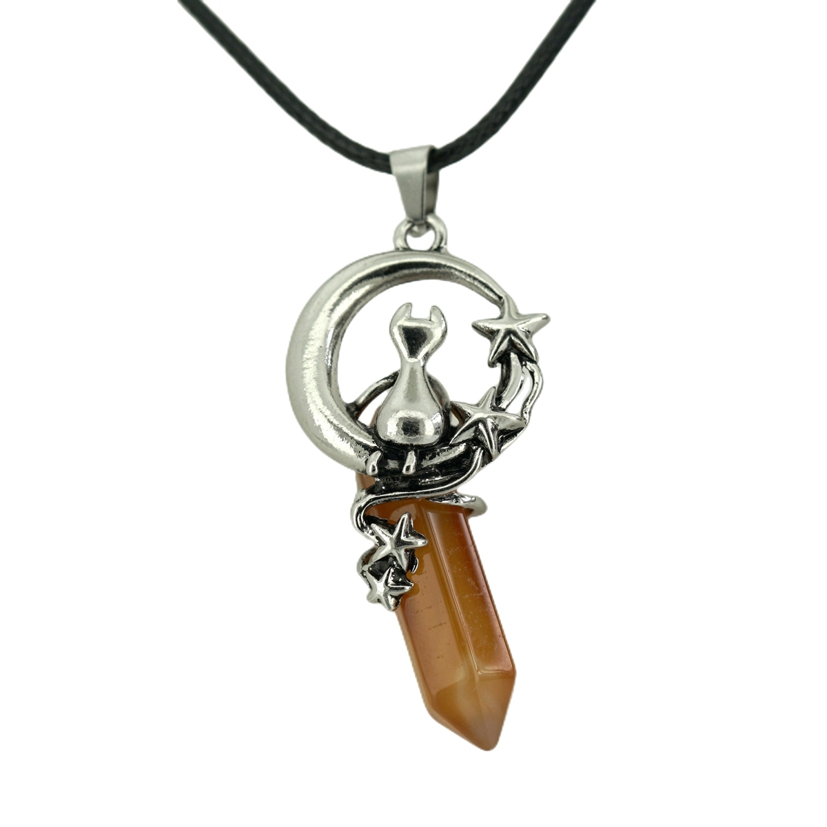 1 Pc Cute Lucky Moon Cat Hexagon Healing Crystal Pendant Necklace Crescent Moon and Star Gemstone Jewelry for Women Girls