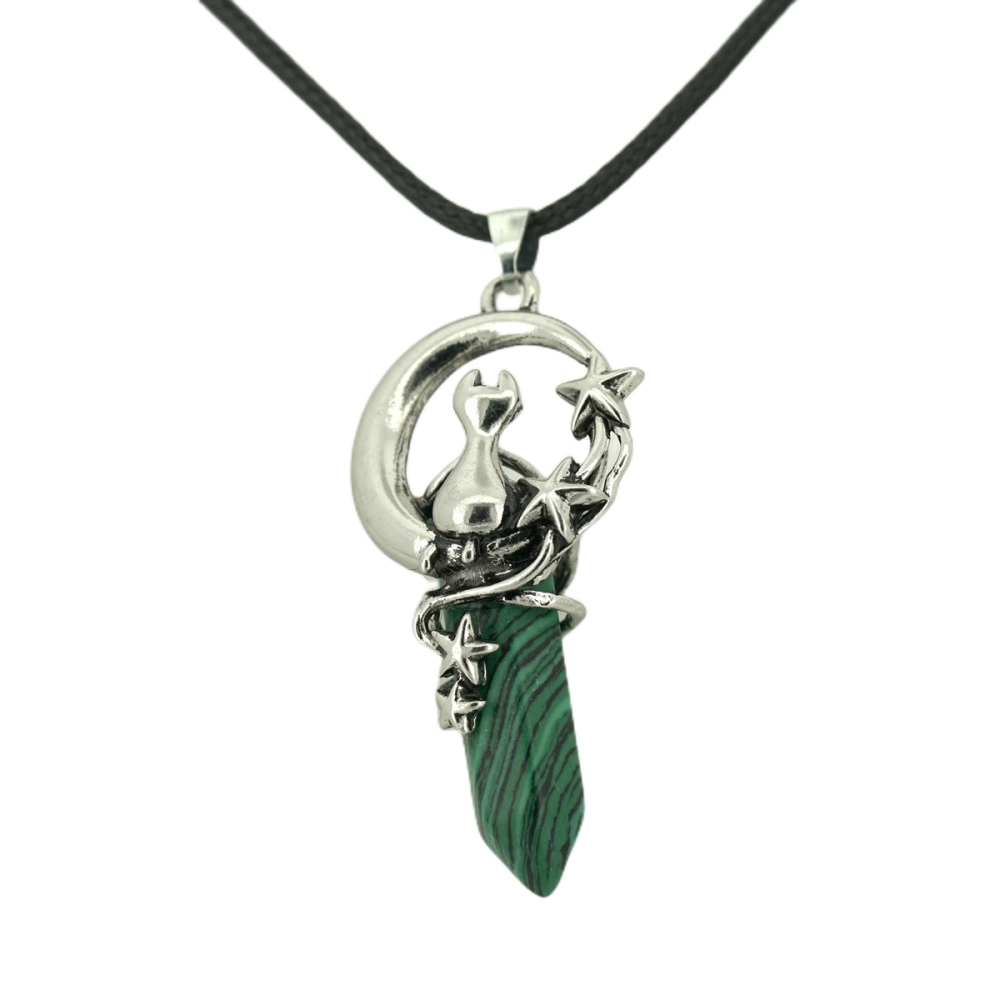 1 Pc Cute Lucky Moon Cat Hexagon Healing Crystal Pendant Necklace Crescent Moon and Star Gemstone Jewelry for Women Girls