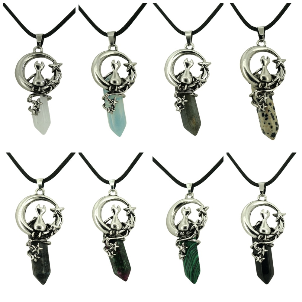 1 Pc Cute Lucky Moon Cat Hexagon Healing Crystal Pendant Necklace Crescent Moon and Star Gemstone Jewelry for Women Girls
