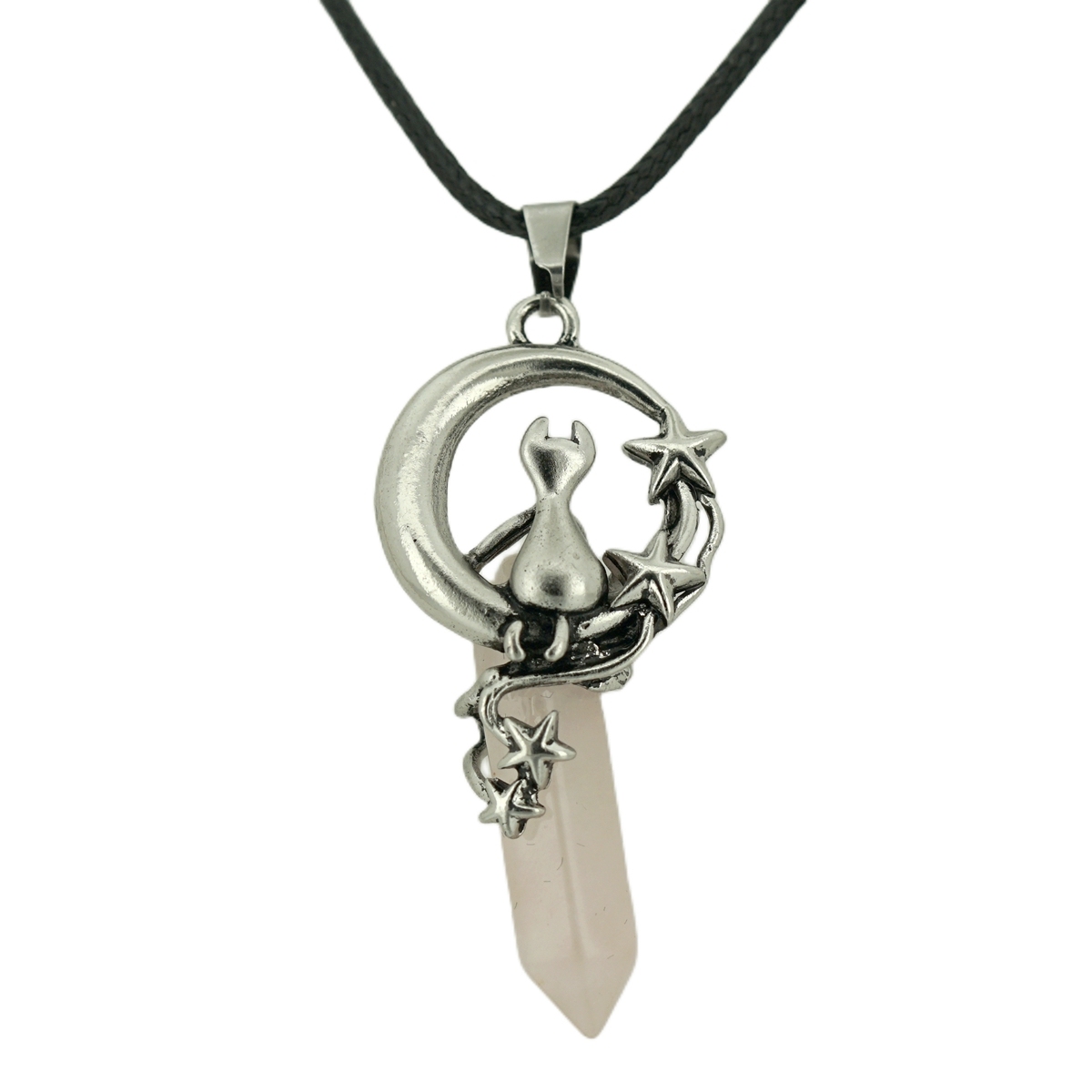 1 Pc Cute Lucky Moon Cat Hexagon Healing Crystal Pendant Necklace Crescent Moon and Star Gemstone Jewelry for Women Girls