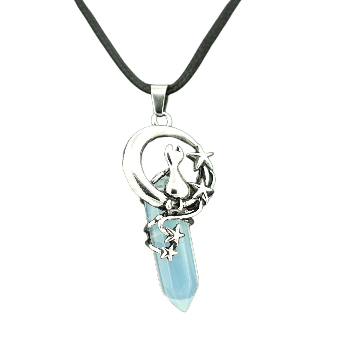 1 Pc Cute Lucky Moon Cat Hexagon Healing Crystal Pendant Necklace Crescent Moon and Star Gemstone Jewelry for Women Girls
