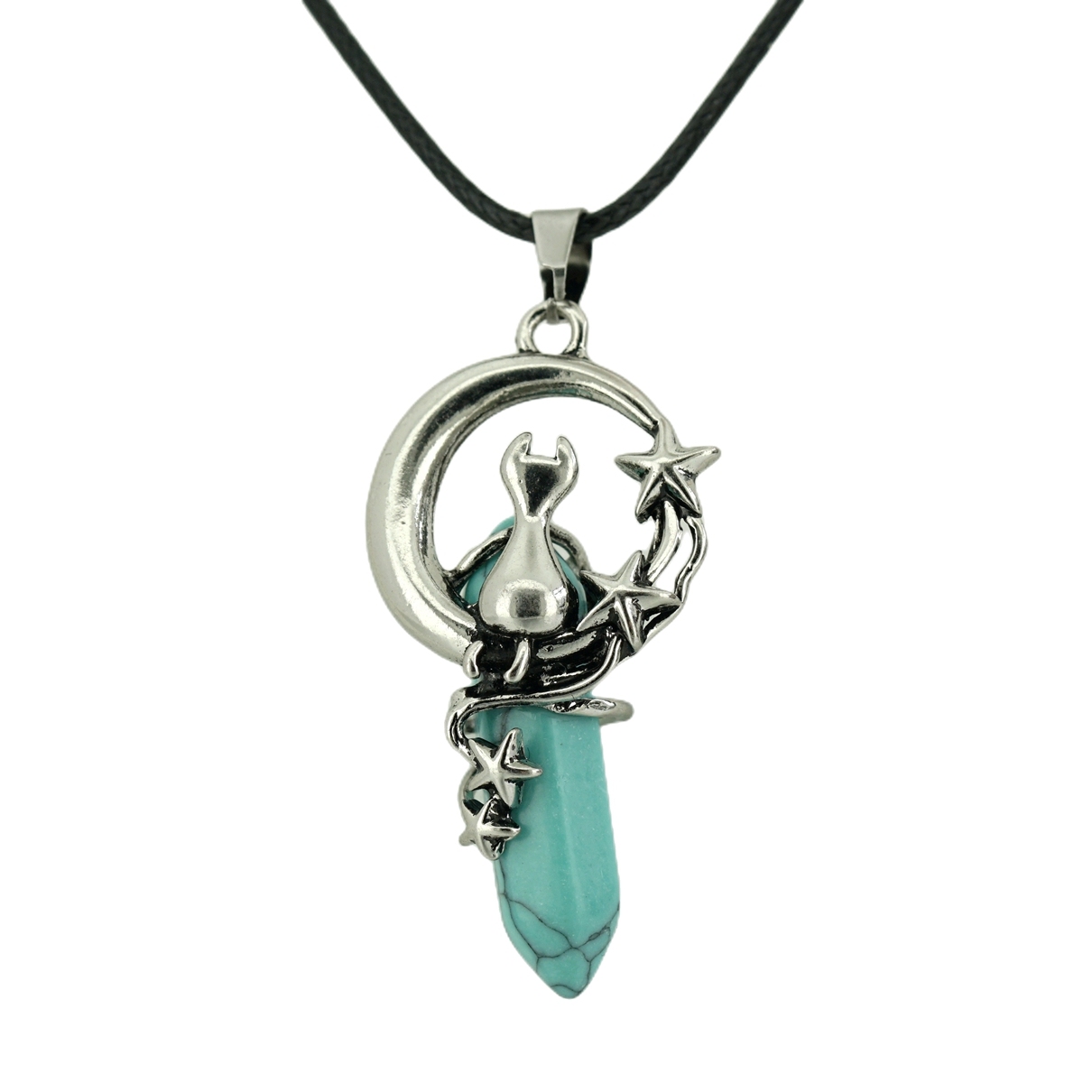 1 Pc Cute Lucky Moon Cat Hexagon Healing Crystal Pendant Necklace Crescent Moon and Star Gemstone Jewelry for Women Girls