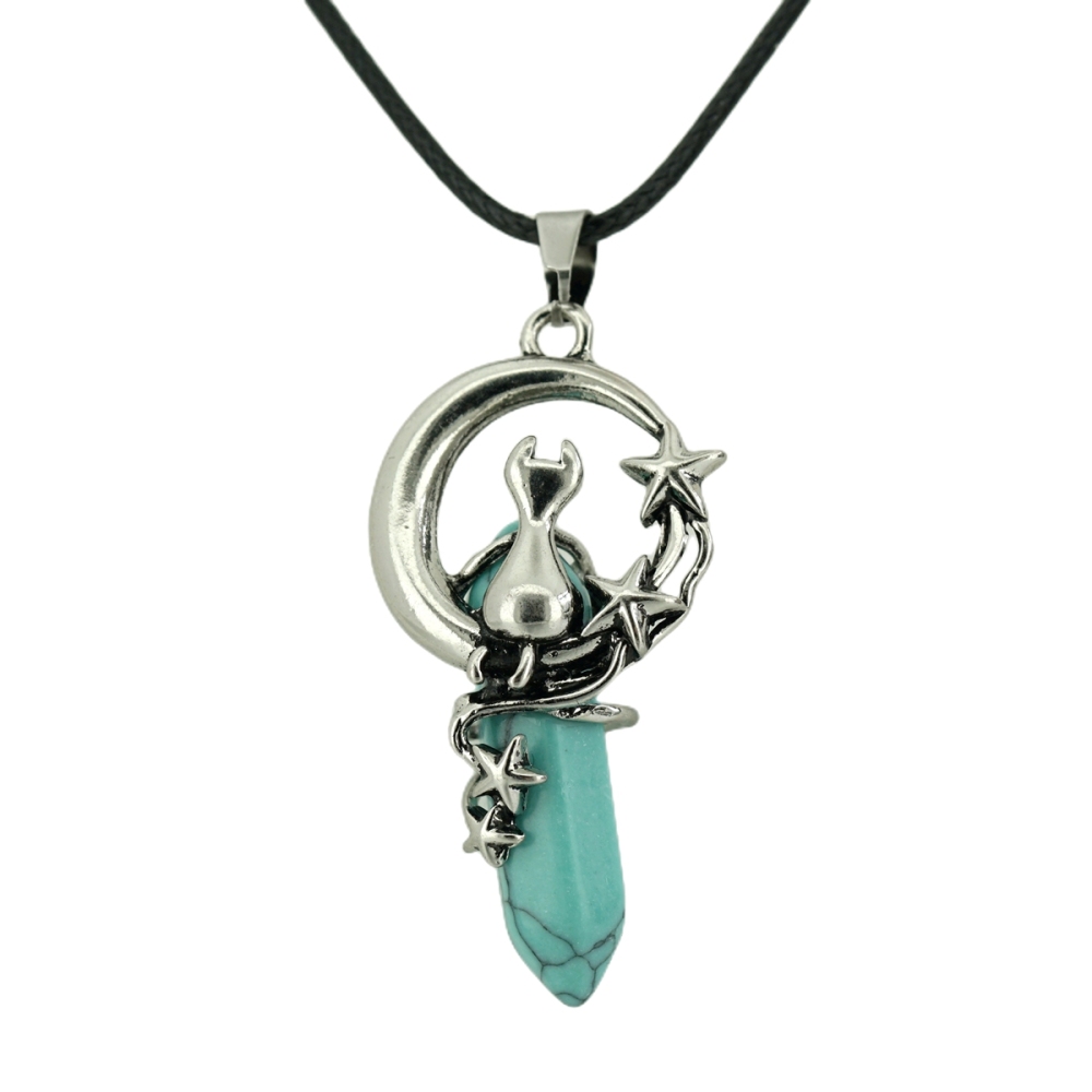 1 Pc Cute Lucky Moon Cat Hexagon Healing Crystal Pendant Necklace Crescent Moon and Star Gemstone Jewelry for Women Girls