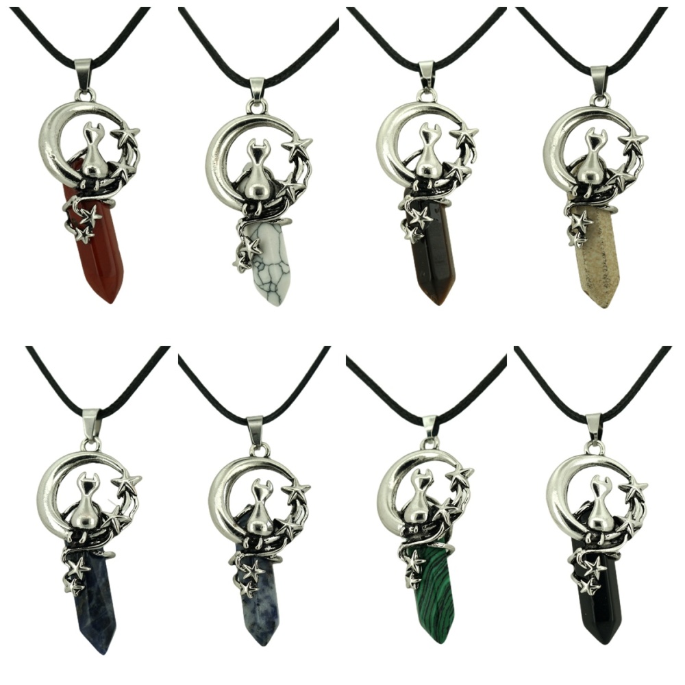 1 Pc Cute Lucky Moon Cat Hexagon Healing Crystal Pendant Necklace Crescent Moon and Star Gemstone Jewelry for Women Girls