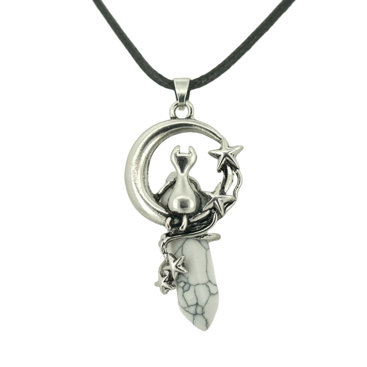 1 Pc Cute Lucky Moon Cat Hexagon Healing Crystal Pendant Necklace Crescent Moon and Star Gemstone Jewelry for Women Girls