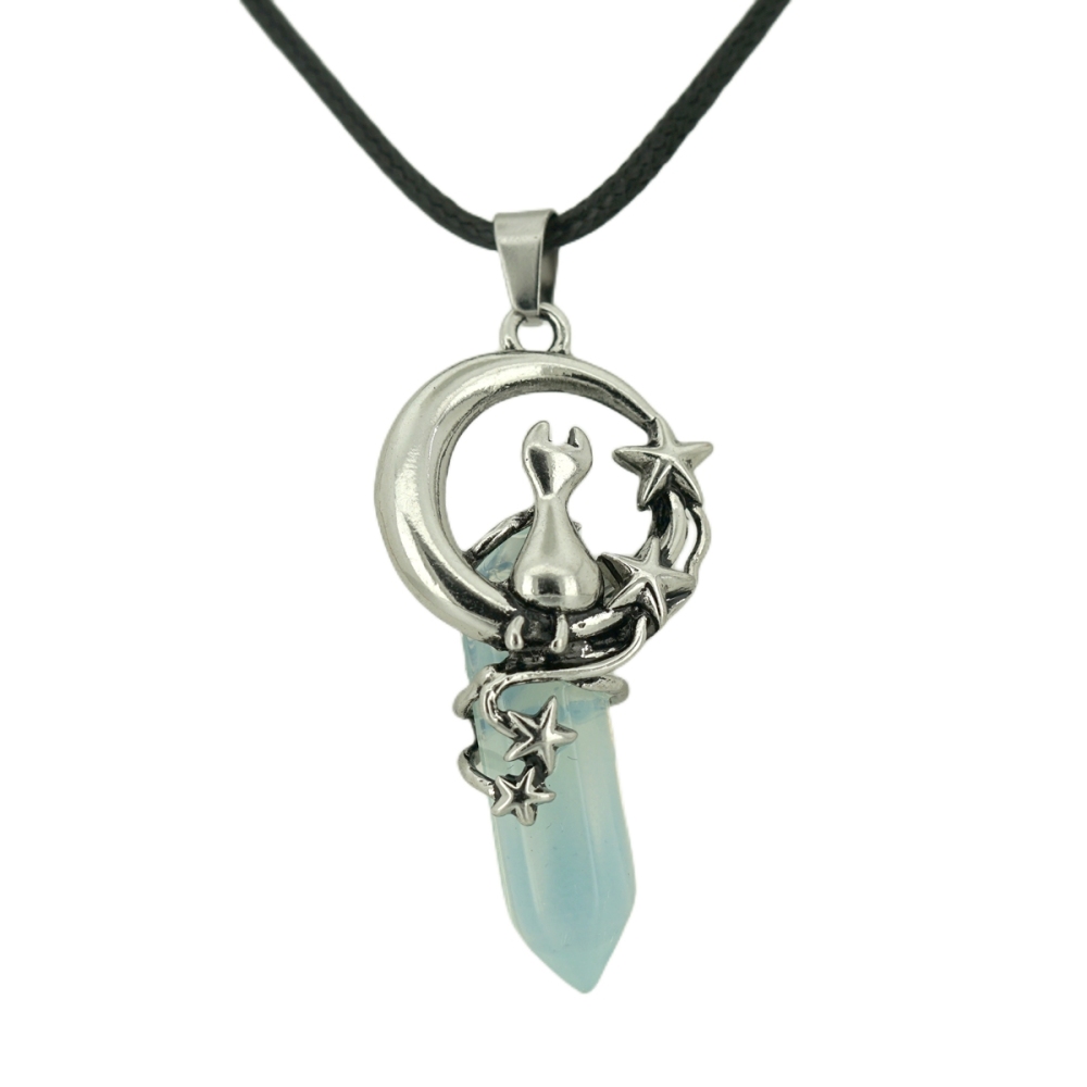 1 Pc Cute Lucky Moon Cat Hexagon Healing Crystal Pendant Necklace Crescent Moon and Star Gemstone Jewelry for Women Girls