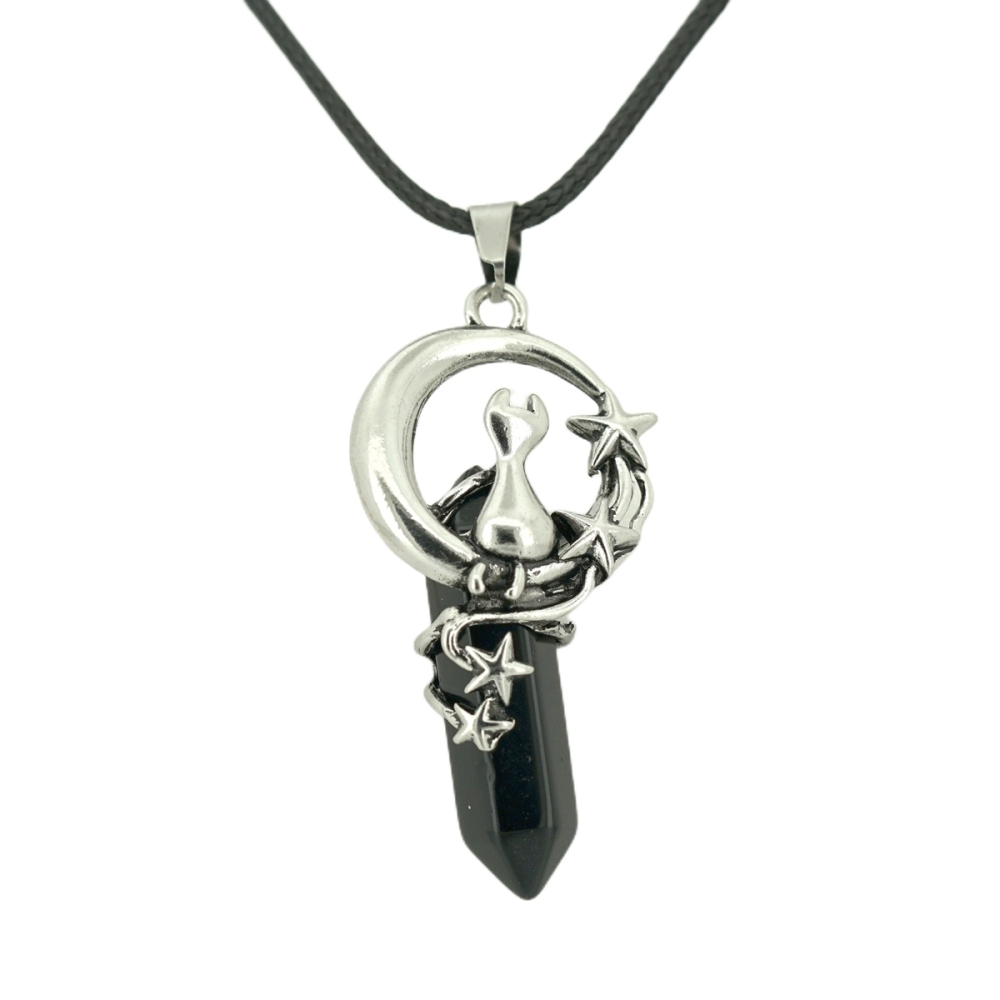 1 Pc Cute Lucky Moon Cat Hexagon Healing Crystal Pendant Necklace Crescent Moon and Star Gemstone Jewelry for Women Girls