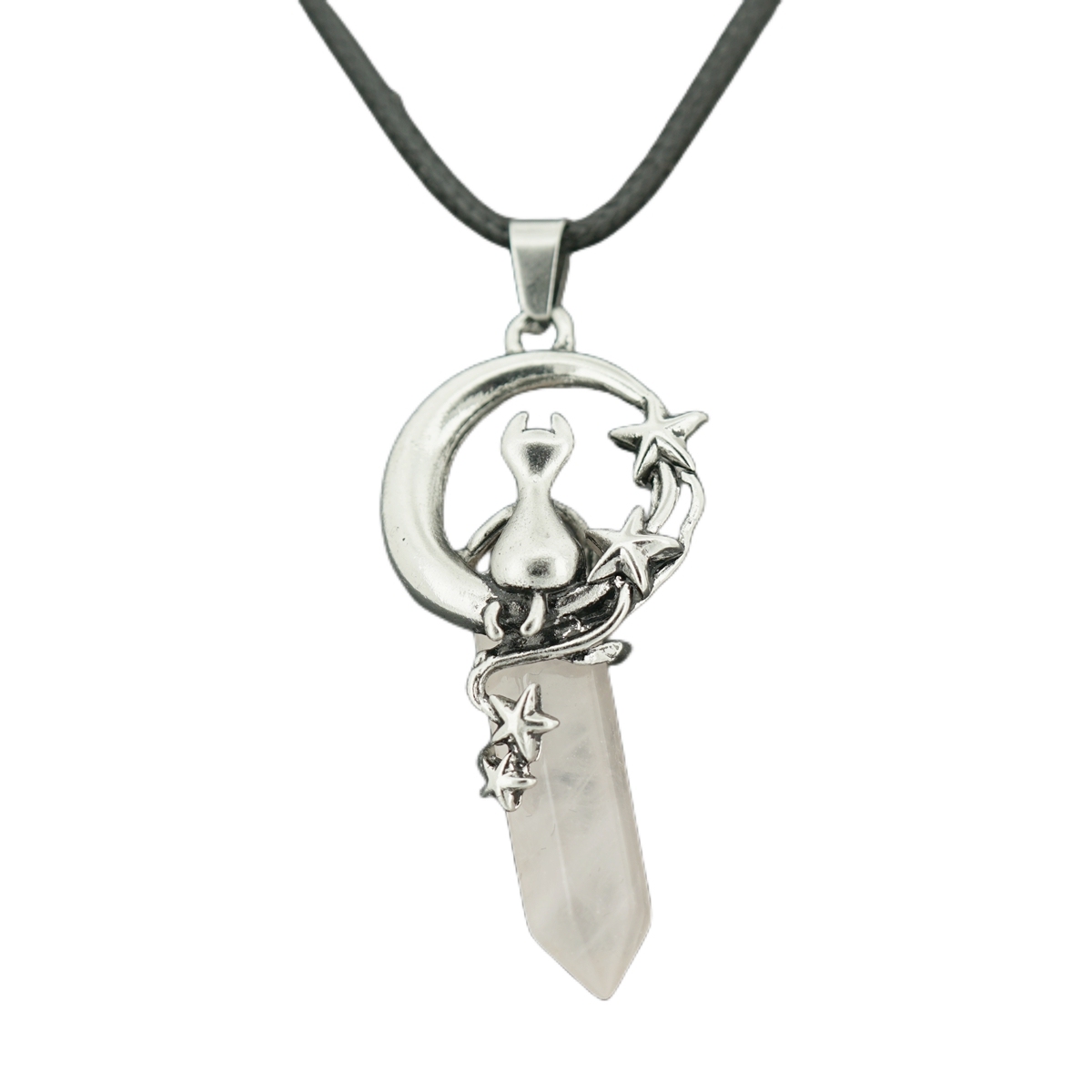 1 Pc Cute Lucky Moon Cat Hexagon Healing Crystal Pendant Necklace Crescent Moon and Star Gemstone Jewelry for Women Girls