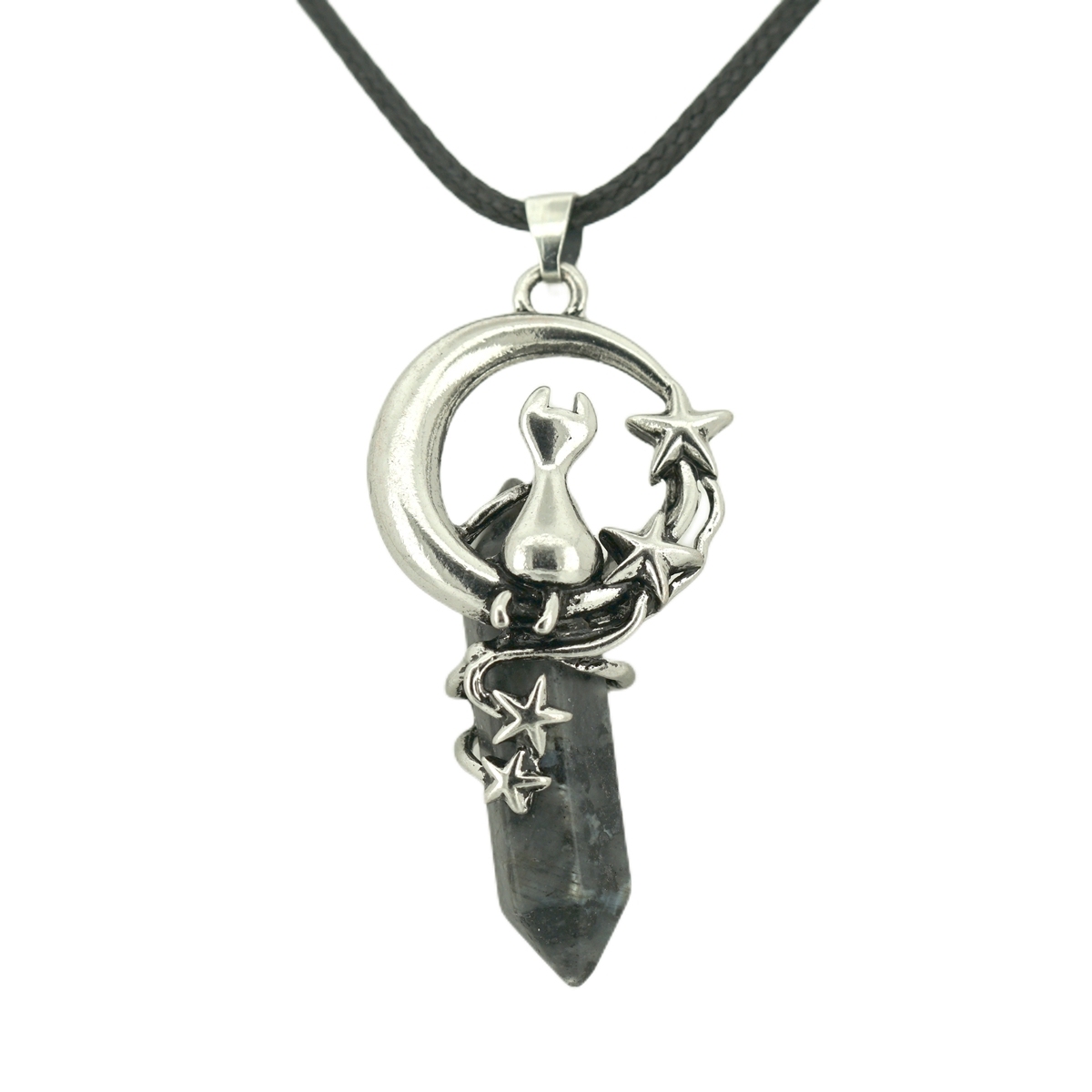 1 Pc Cute Lucky Moon Cat Hexagon Healing Crystal Pendant Necklace Crescent Moon and Star Gemstone Jewelry for Women Girls