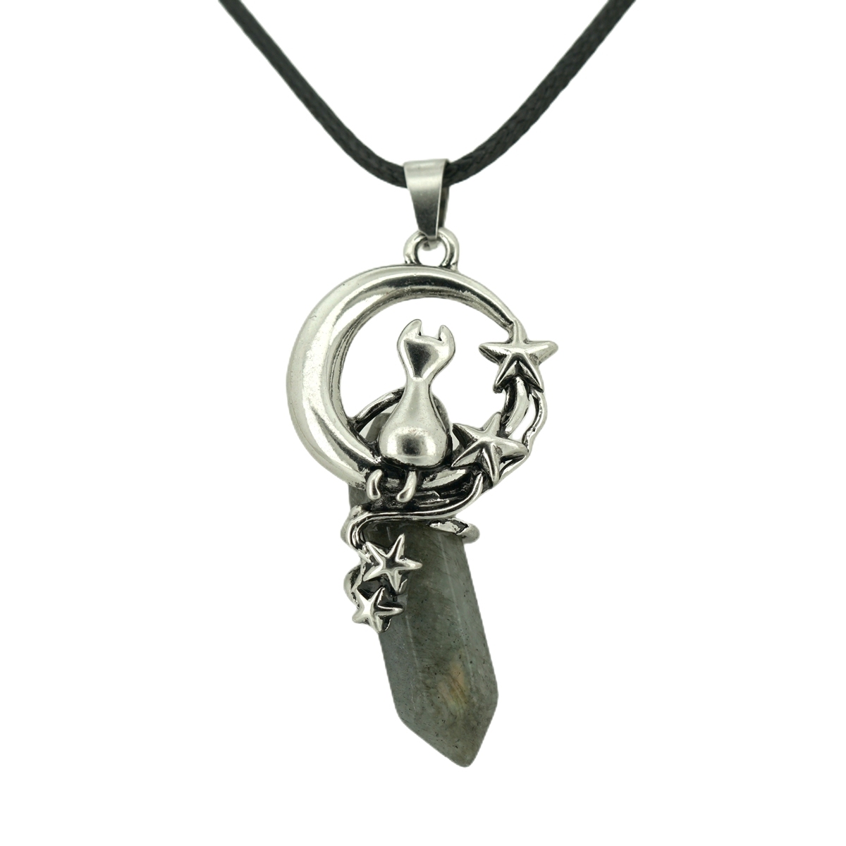 1 Pc Cute Lucky Moon Cat Hexagon Healing Crystal Pendant Necklace Crescent Moon and Star Gemstone Jewelry for Women Girls