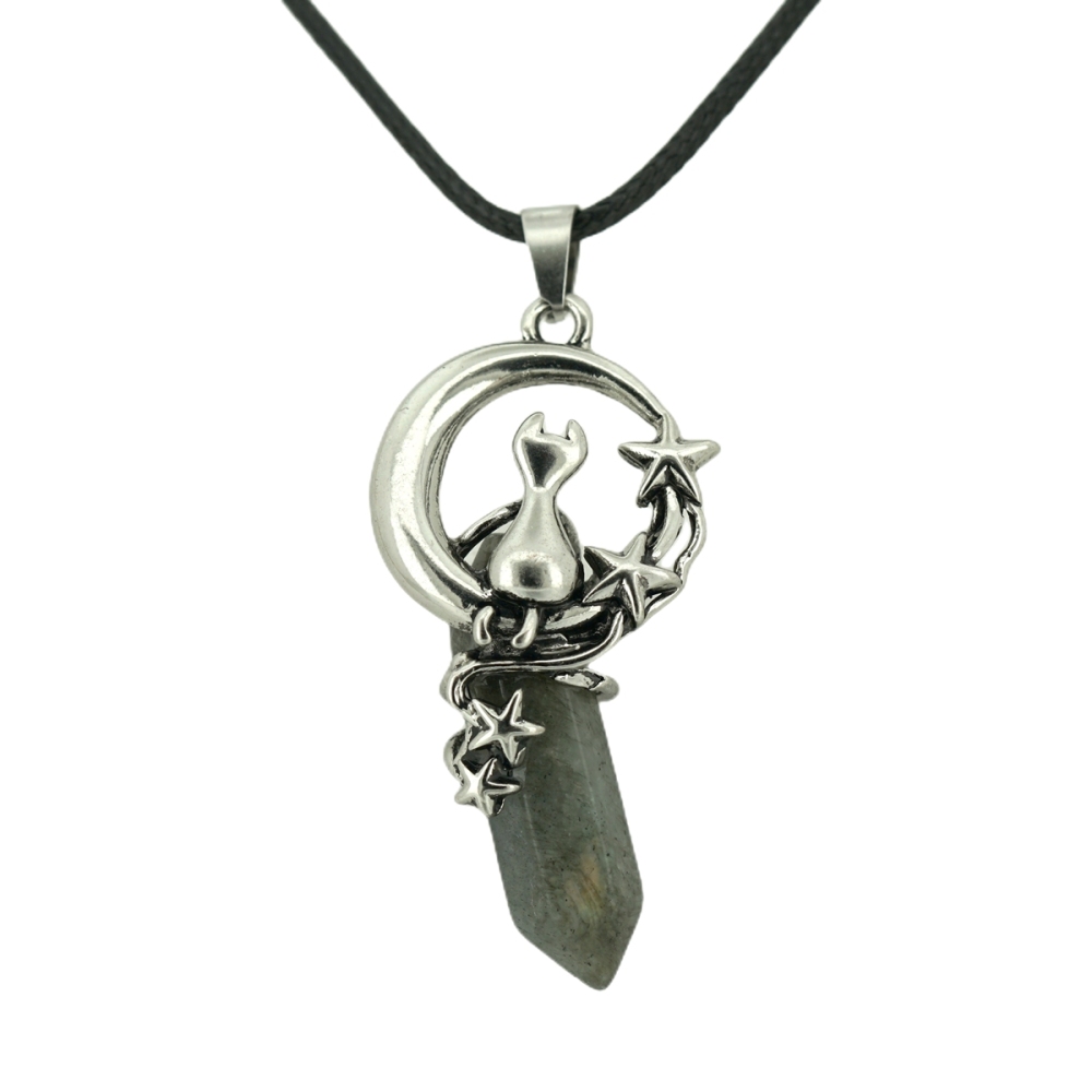 1 Pc Cute Lucky Moon Cat Hexagon Healing Crystal Pendant Necklace Crescent Moon and Star Gemstone Jewelry for Women Girls