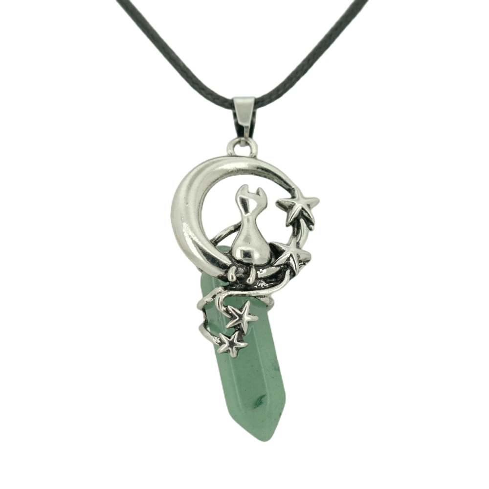 1 Pc Cute Lucky Moon Cat Hexagon Healing Crystal Pendant Necklace Crescent Moon and Star Gemstone Jewelry for Women Girls