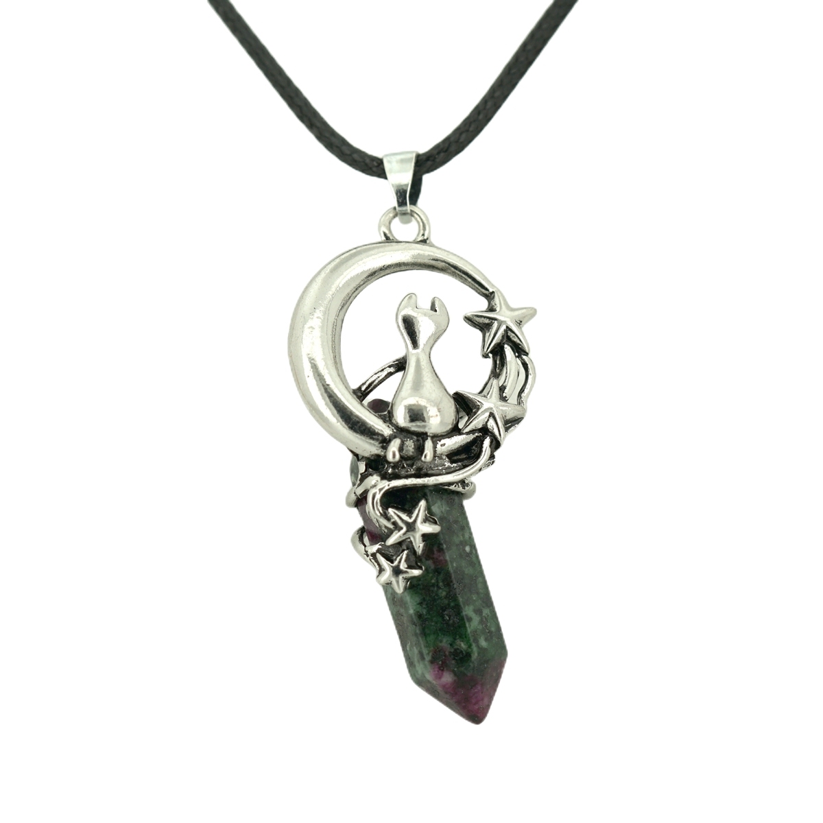 1 Pc Cute Lucky Moon Cat Hexagon Healing Crystal Pendant Necklace Crescent Moon and Star Gemstone Jewelry for Women Girls