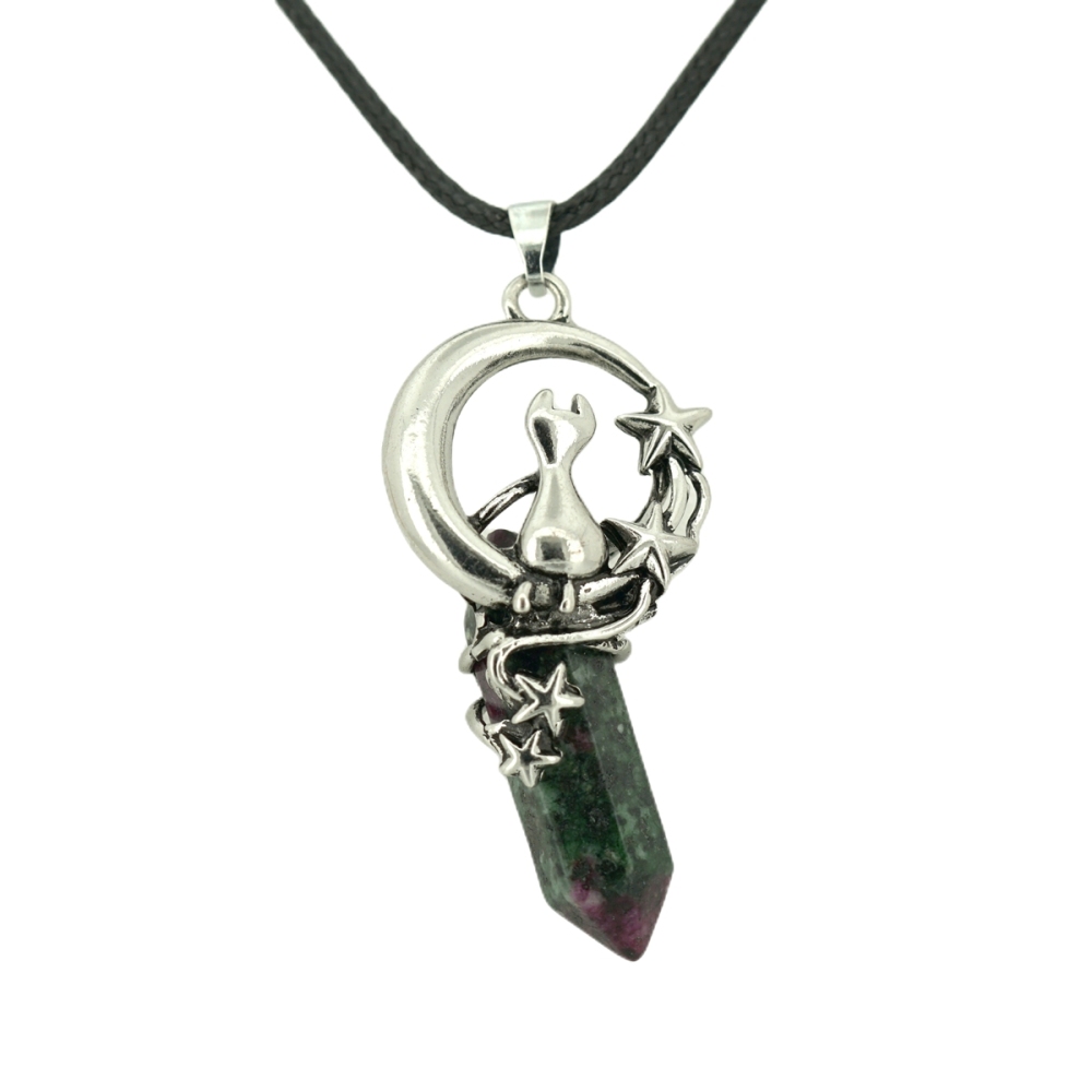 1 Pc Cute Lucky Moon Cat Hexagon Healing Crystal Pendant Necklace Crescent Moon and Star Gemstone Jewelry for Women Girls