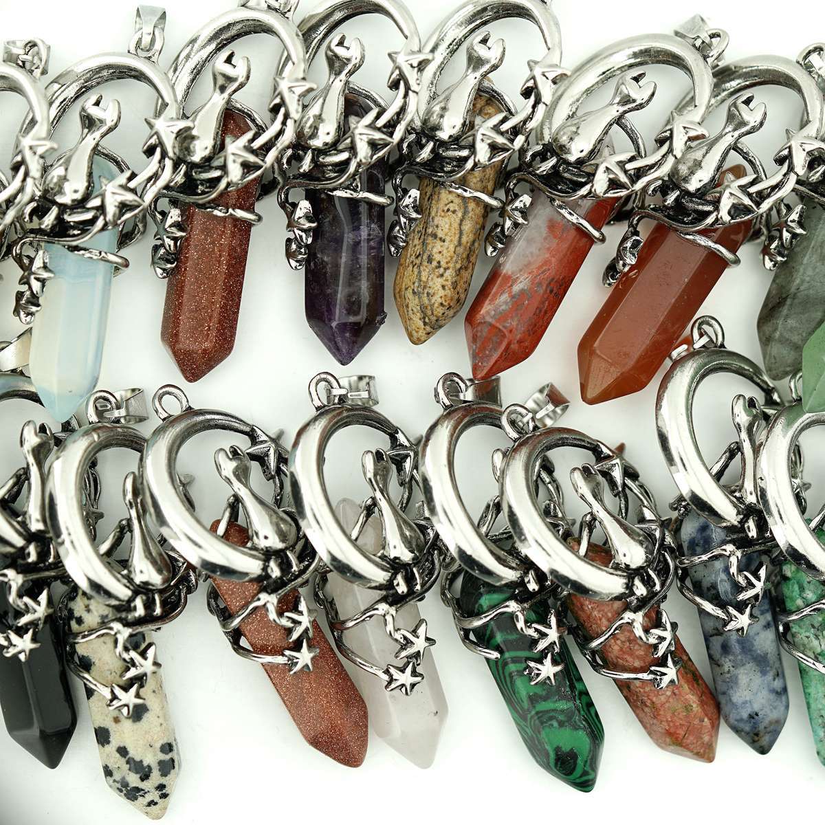 1 Pc Cute Lucky Moon Cat Hexagon Healing Crystal Pendant Necklace Crescent Moon and Star Gemstone Jewelry for Women Girls