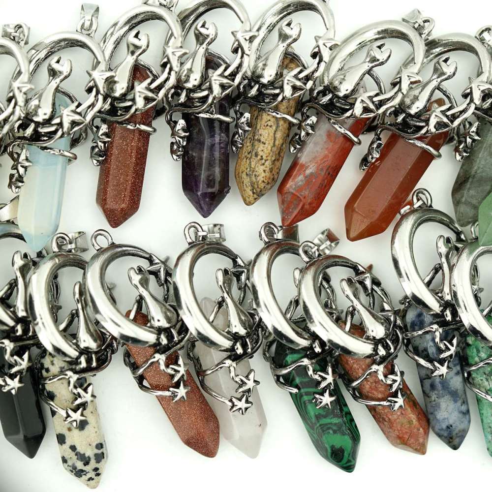1 Pc Cute Lucky Moon Cat Hexagon Healing Crystal Pendant Necklace Crescent Moon and Star Gemstone Jewelry for Women Girls